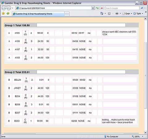 web page display of daily maid assignments